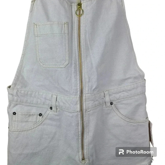 Free People cream colored sun-kissed denim short overalls with fringe leg size10 - Picture 6 of 14